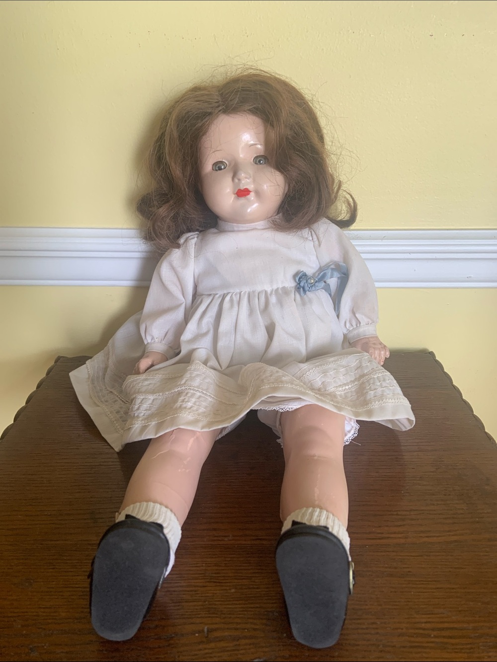 Composition 1930s Girl Doll in White Dress and Black Shoes